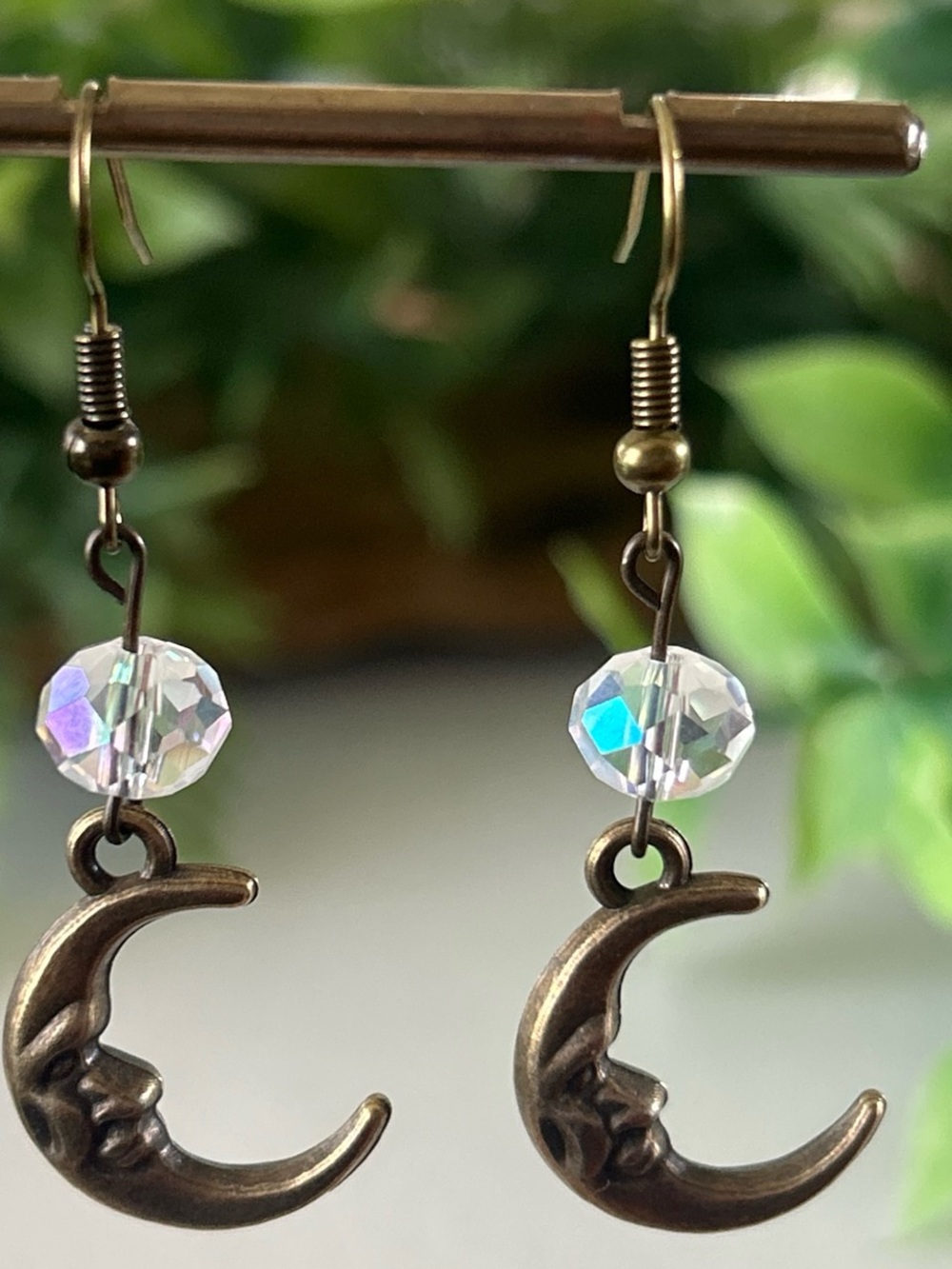 Handmade brass moon earrings with AB crystals
